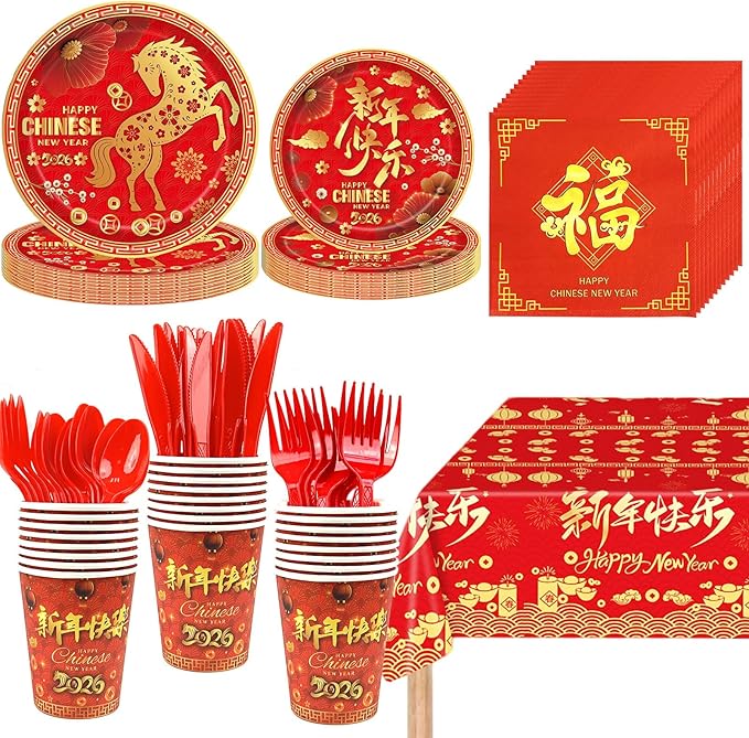 176Pcs Chinese New Year Paper Plates & Napkins Sets,Chinese New Year Dinnerware Sets Including Cups Plastic Cutlery Disposable Tablecloth for Lunar Years Supplies Decor,Serves 25