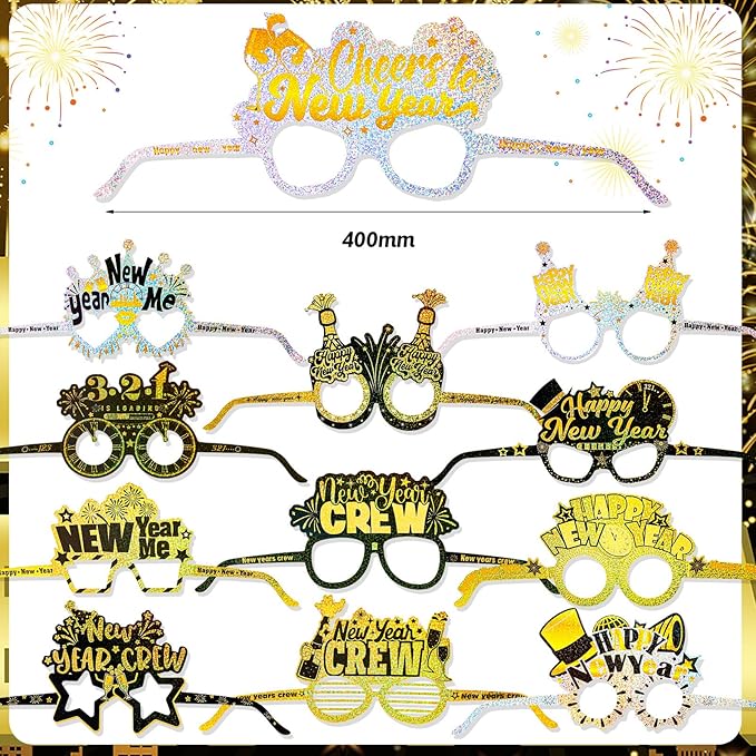 HOWAF 2026 New Year’s Eve Party Supplies, for 18 Guest, 2026 Happy New Year Party Decoration Include Cone Hats Tiaras Tassel Squawkers Glitter New Year Glasses 2026, Black and Gold Top Hats