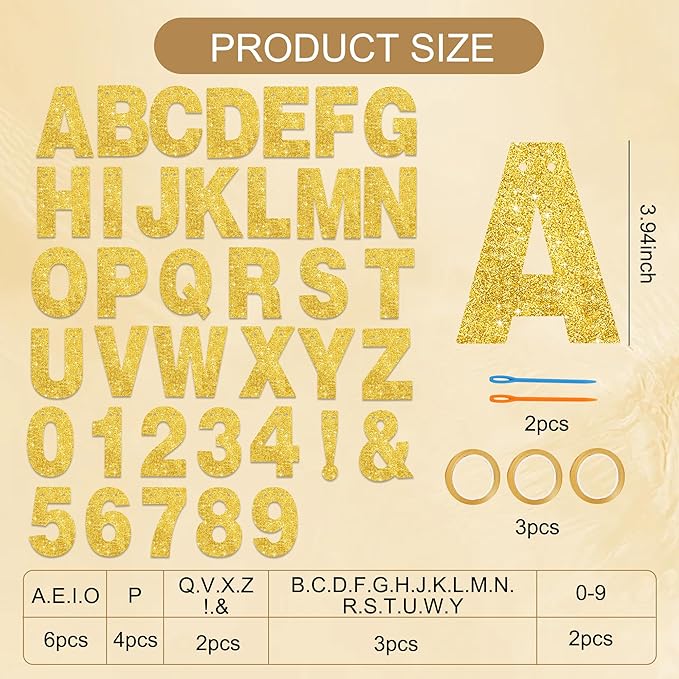 BEISHIDA 116 PCS A-Z DIY Letter Banner Kit Make Your Own Banner Glitter Gold Including 111 Letters and Numbers 3 Rope and 2 Threading Device,Customized for Birthday Graduation Wedding Party Decor