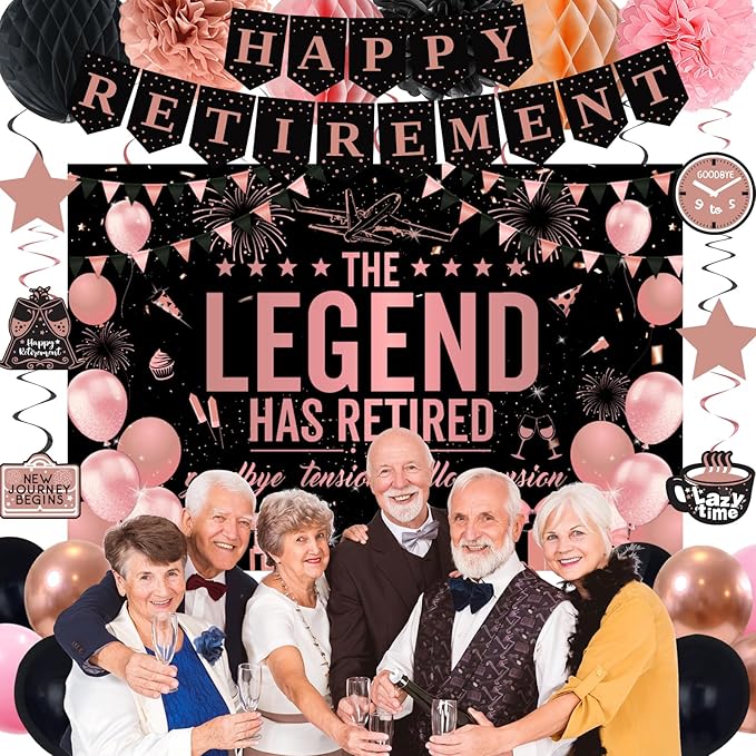 Retirement Party Decorations Women, Rose Gold Black Happy Retirement Decorations Female, Happy RetIrement Banner, Retired Backdrop, Balloons, Pompom, Hanging Swirl, Retired Card, Cake Topper 54pcs