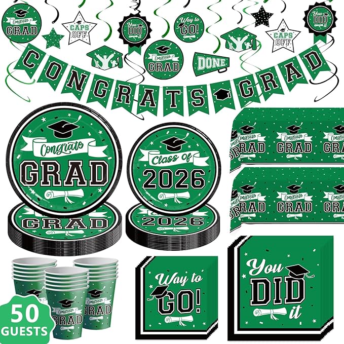 DAZONGE 2026 Graduation Decorations Green, 265pcs Graduation Party Decorations for 50 Guests, Disposable Class of 2026 Decorations Tableware Set, Plates, Napkins, Cups, Tablecloth, Hanging Swirls