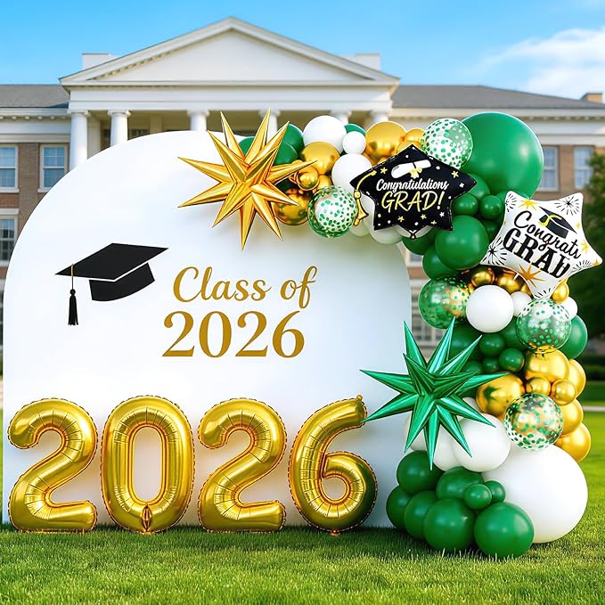 Green White Gold Balloon Arch Kit, Graduation Balloons Garland, 2026 Graduation Decorations Green Gold and White Balloons with Foil Star Balloon for Class of 2026 ollege High School Party Decor