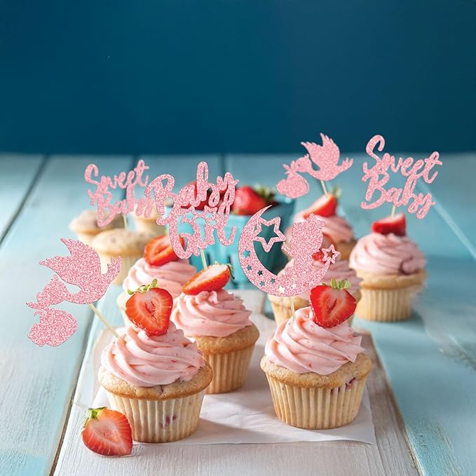 24Pcs Baby Girl Cupcake Toppers Pink Glitter Moon Star Sweet Baby Girl Cupcake Picks Decorations for Gender Reveal Baby Shower Kids Girls Birthday Party Supplies