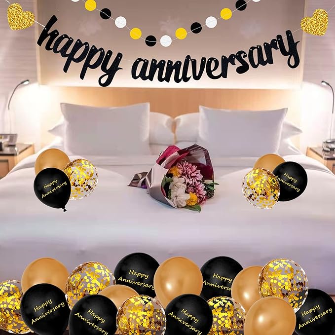 Happy Anniversary Decorations, Glitter Gold Black Happy Wedding Decorations Sets with Banner, Cake Topper, Glitter Hanging and Balloons for All Ages' Anniversary Party Decorations