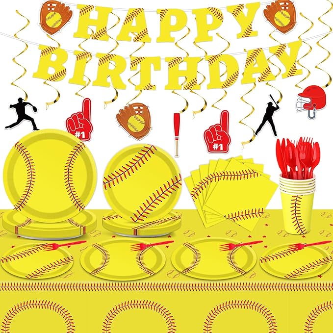 184pcs Softball Birthday Party Supplies Set Includes Softball Plates Napkins Cups Tablecloth Swirls Banner Tableware Kit Dispose Softball Party Decorations Favors for Girl Woman Man, Serve 25