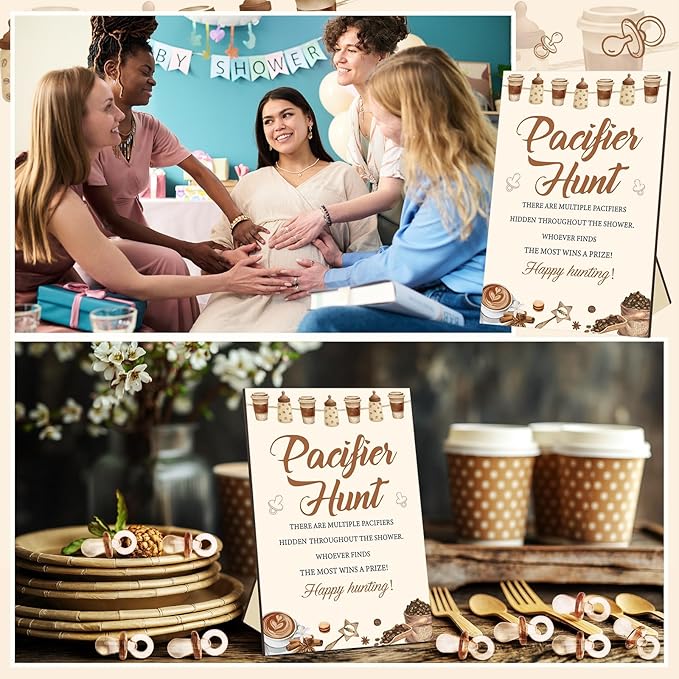 Thyle 51 Pcs A Baby Is Brewing Decorations Pacifier Hunt Coffee Theme Baby Shower Include Coffee Hunt Sign and 50 Acrylic Pacifiers Games Gender Reveal Party Supplies