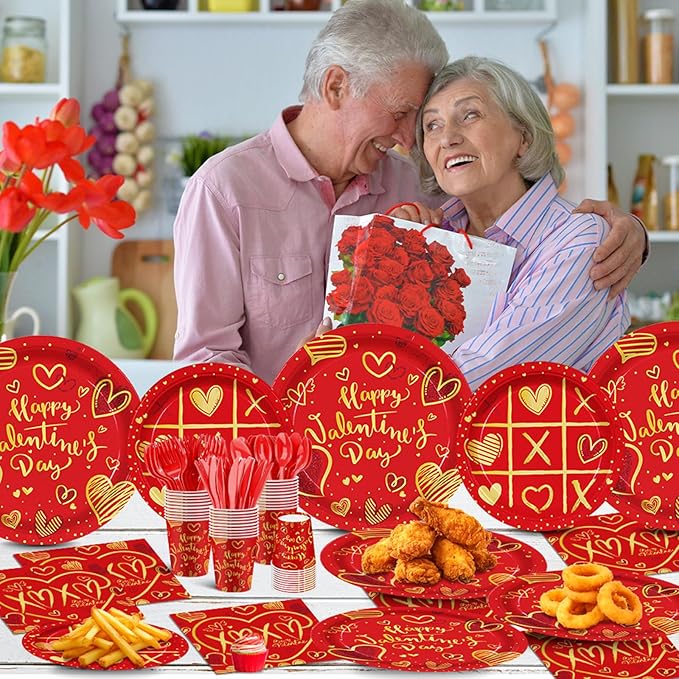 140Pcs Valentine's Day Party Supplies Tableware Set Red Heart Love Valentine's Day Paper Plates and Napkins Anniversary Wedding Party Decorations Couple Dating Dinner Plates, Serve for 20 Guest