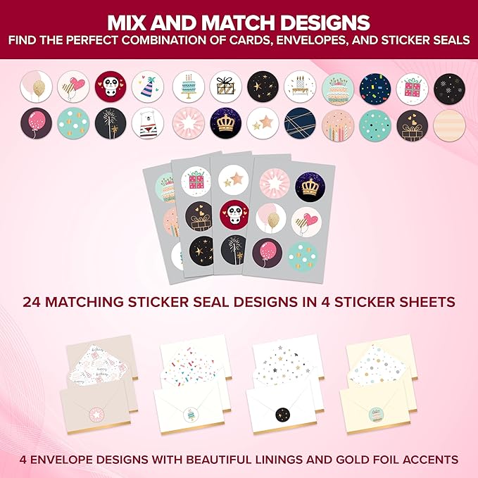 Decorably 24 Pack Foil and Glittery 6x4in Assorted Birthday Cards with Envelopes and Stickers, 24 Unique Festive Designs for Friends, Family, Loved Ones, with Printed Message Inside - Gifting, Mailing