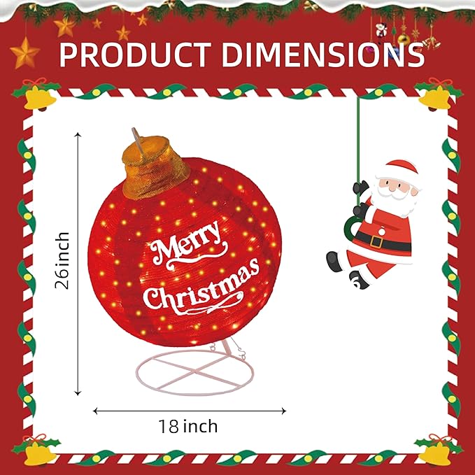 Lighted Pop-Up Christmas Ball with 180 LEDs & 8 Light Functions, Holiday Yard Decor，Outdoor Christmas Decorations