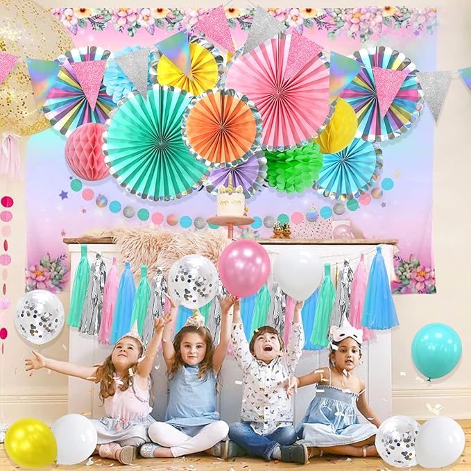 24 Pcs Hanging Paper Fans Decoration Colorful Tassel Garland Party Supplies Iridescent Glitter Banners Balloons Tissue Paper Pom Poms Flowers honeycomb for Girl Women Bridal Shower Wedding Graduation