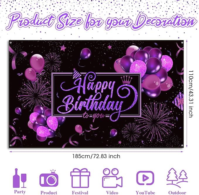 Blulu Happy Birthday Backdrop Banner Sign Poster Large Fabric Glitter Balloon Fireworks Sign Photo Backdrop Background for Birthday Party Decoration Supplies, 72.8 x 43.3in(Black and Purple)