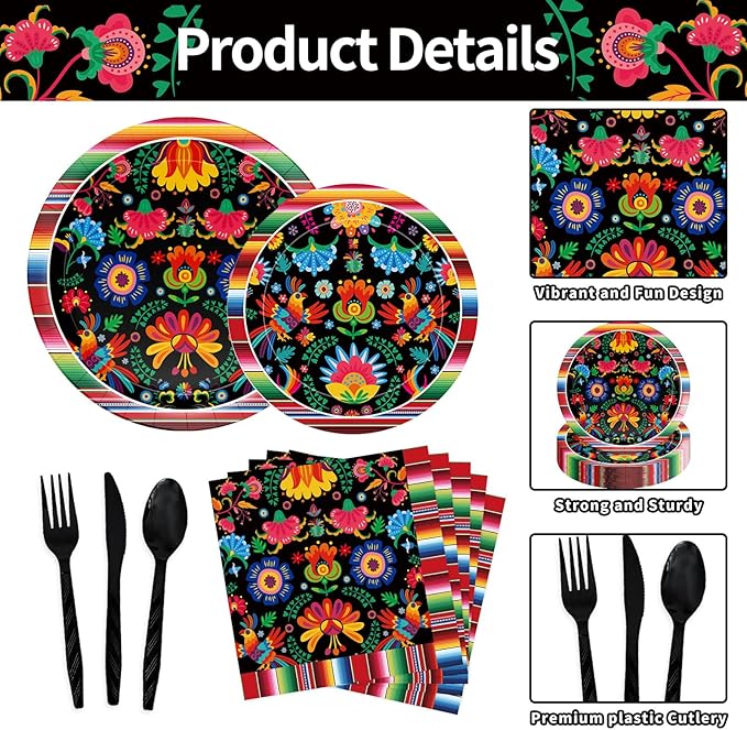 175 Pcs Fiesta Tableware Set – Serves 25, Mexican Party Supplies Disposable Plates, Cups, Napkins, Forks, Spoons, Knives with Floral and Serape Stripe Design for Cinco de Mayo, Birthday Celebrations