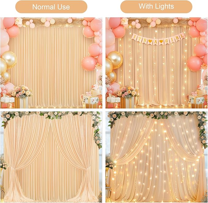 Dark Champagne Backdrop Curtains with Lights for Parties,10x10FT Wrinkle Free Polyester Wedding Photo Backdrop Curtains for Baby Shower Birthday Ceremony Reception Home Party Decorations-5ft x 10ft