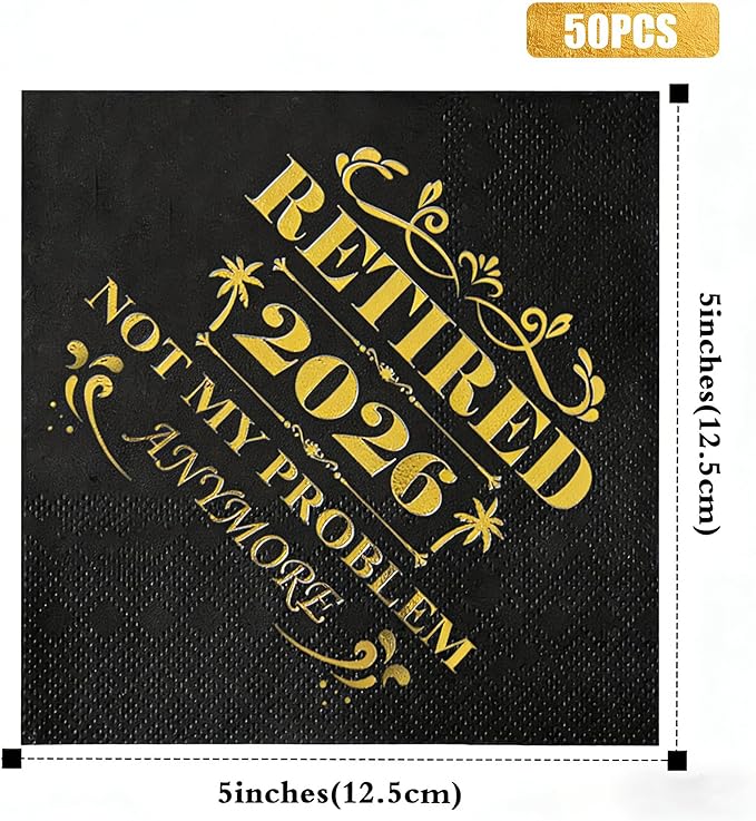 Retired 2026 Cocktail Napkins, 50 Pack 3-Ply Retirement Party Decorations Supplies, Black & Gold Disposable Napkins for Farewell,Coworker Goodbye & Going Away Celebration (5"x5")