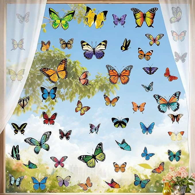 79PCS Colorful Butterfly Window Clings, Butterfly Decorations, Double Sided Window Decals to Prevent Bird Strikes, Multi Patterns Colors Butters Stickers for Home Decor Glass Door