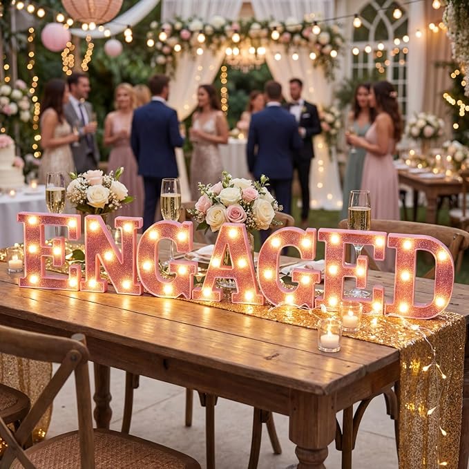 Honoson 7 Pcs 6.5 Inch Engagement Party Decorations Pink Warm Engaged LED Letter Lights Sign Lights Table Decoration for Wedding Engagement Bridal Shower Engaged Party Decor