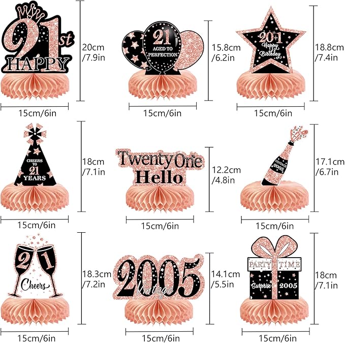 9Pcs Rose Gold Pink 21st Birthday Decorations Honeycomb Centerpieces for Girls,Happy 21st Birthday Centerpieces Tables Toppers Party Decorations Supplies,Vintage 2005 Aged Table Sign Decor