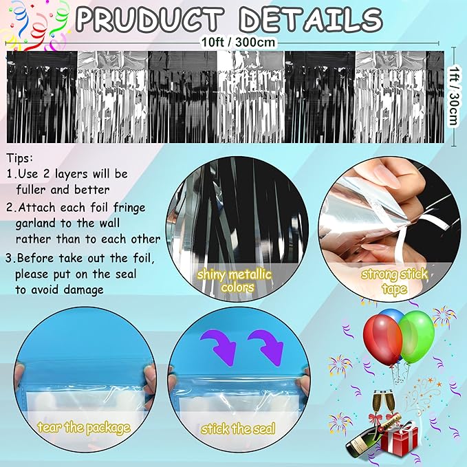 4 Packs Total 39 Ft Parade Floats for Trailer Car, Black Gold Silver Foil Fringe Garland Tinsel Streamers Banner Table Skirts for Graduation Homecoming New Year's Eve Birthday Party Decor