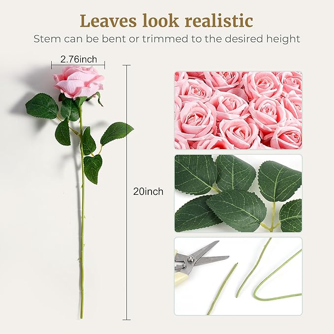Auihiay 60PCS Pink Roses, Artificial Roses, Velvet Silk Fake Roses, Realistic Pink Artificial Flowers for Wedding Centerpieces, Bridal Bouquets, Home Decor, Anniversary, Spring Easter Decorations