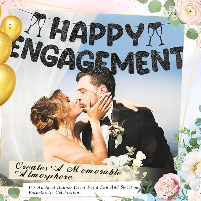 Breling Pre Strung Happy Engagement Banner Glitter Engagement Party Decorations for Congratulations Engaged Wedding Shower Signs Decor(Black)