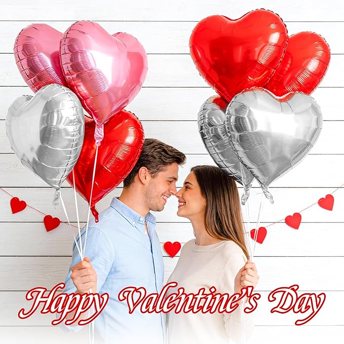 12 Pcs Pink and Red Heart Foil Balloons for Valentines Day Decorations, 18 Inch Romantic Love Valentine Heart Balloons for Galentines Day Decorations Wedding Marriage Birthday Bridal Shower Party