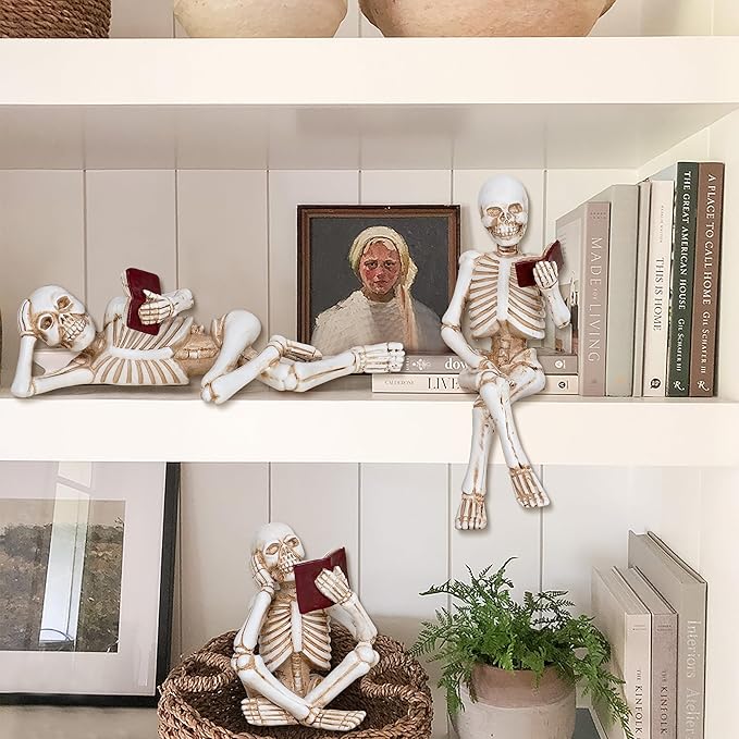 3 Piece Halloween Indoor Decor Figurines Sitting Skeleton Statue Halloween Decorations mini Reading Skull Figurine Home Decor for Living Room Table Shelf Ornament