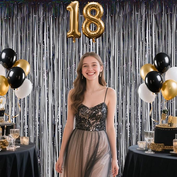 Black Tinsel Fringe Backdrop Curtains Birthday Party Decorations- 3.28x6.56 ft Metallic Tinsel Streamers, Photo Booth Background for Wedding, Graduation, Party Decorations - 2 Packs