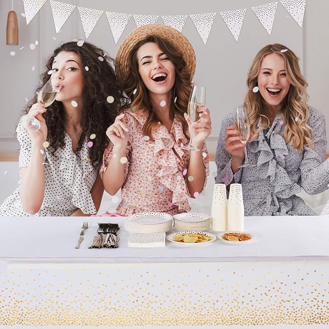 White and Gold Tablecloths for Party 4 Packs, 54X108 inch Gold Dot Confetti Disposable Rectangular Plastic Table Cover for Bridal Shower Engagement Wedding Birthday BBQ Party New Year Eve 2025