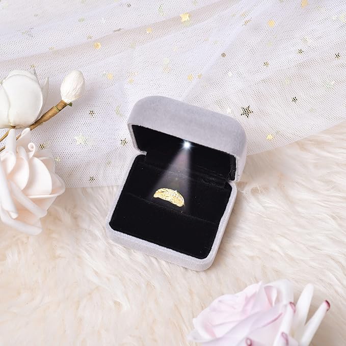 Velvet Metal Glossy with LED Jewelry Gift Box for Proposal, Engagement, Wedding - Easy to fit into Your Pocket or Handbag - Grey