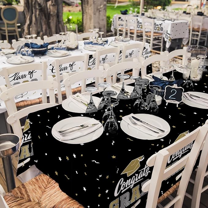 2026 Graduation Decorations : 2-Pack Congrats Grad Disposable Tablecovers - Class of 2026 Black and White Themed Table Cloths, for Graduation Party Supplies & Graduation Backdrop, 54" X 108"