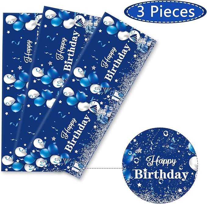 3 Pack Navy Blue Party Supplies Happy Birthday Tablecloths Disposable Rectangle Plastic Table Covers Blue and Silver Confetti Stars Tablecloths for Kids Boys Girls Birthday Party Decorations 54x108''