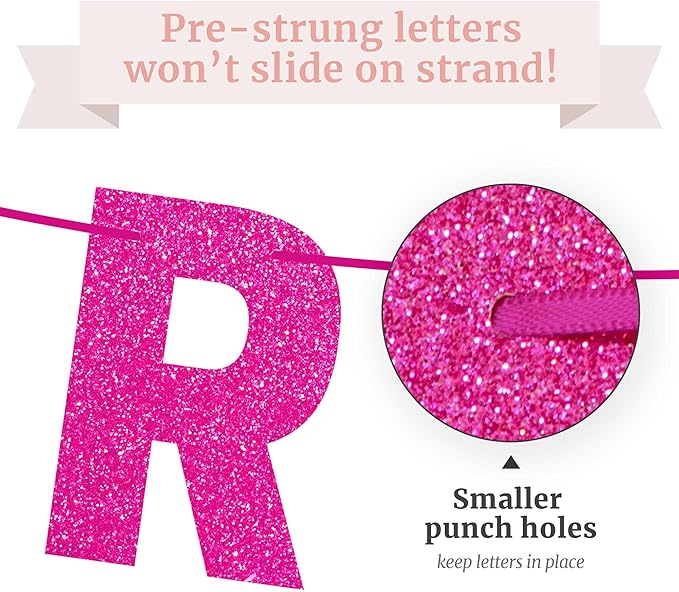 Pre-strung Happy Birthday Banner - No DIY - Hot Pink Glitter Happy Birthday Party Banner for Girls & Women - Pre-strung on 8 ft Strands - Hot Pink Bday Party Decorations & Decor. Did We Mention No DIY