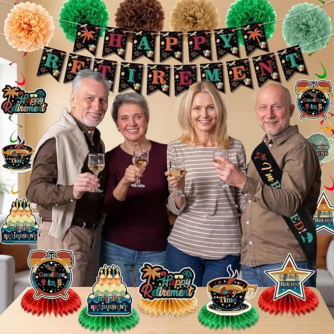 20pcs Retirement Decorations for Men Women Coloful Vintage Happy Retirement Banner Backdrop Hanging Swirls Pompoms Table Honeycomb Centerpieces Retired Sash Farewell Retired Decorations Supplies