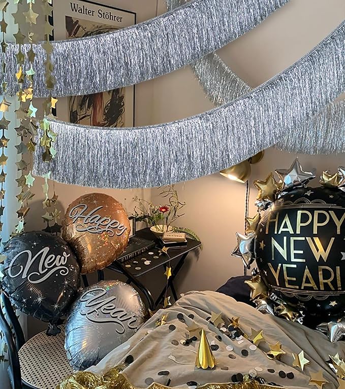 Premium Silver Fringe Tassel Banner for Party Decoration, 2 Packs of Fringe Tinsel Garlands, Thick Metallic Foil Silver Streamer for Birthday Wedding Bachelorette Holiday Event Hanging Decor