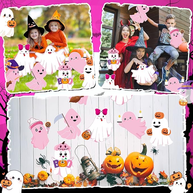 Amyhill 8 Pcs Lighted Cute Ghost Yard Signs Halloween Decorations Outdoor Yard Stakes Spooky Pumpkin Ghost Witch Garden Signs with Stakes for Halloween Happy Boo Party Lawn Patio Outdoor(Pink)