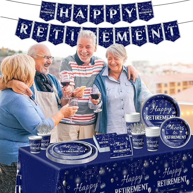 142Pcs Retirement Tableware Party Decorations Happy Retirement Party Supplies Sliver Blue Plastic Disposable Banner,Cup,Tablecloth,Plates and Napkins Sets