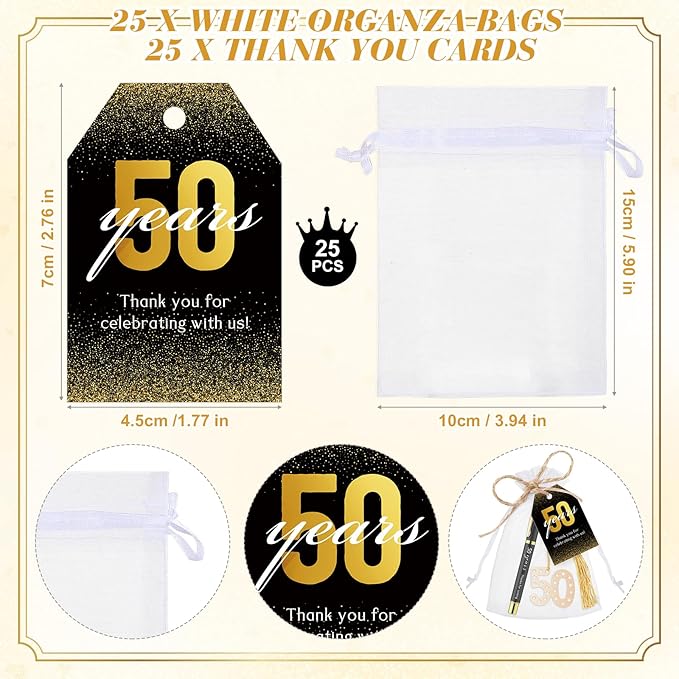 Spakon 25 Set 50th Birthday Party Favor for Guest Anniversary Party Favor Golden Birthday Bookmark Thanks for Coming Pen with Tag Appreciation Gifts for Women Men Wedding New Year