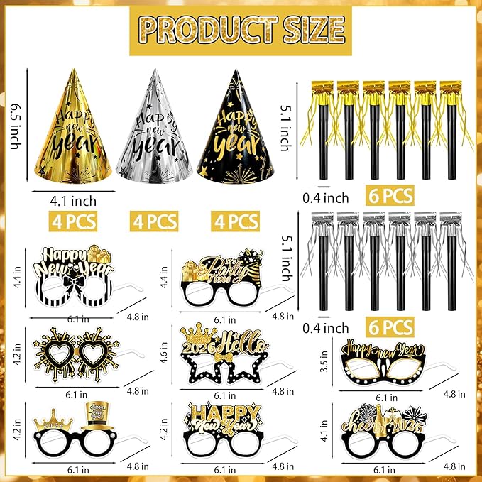 Openfly 36Pcs New Years Eve Party Supplies 2026 Happy New Year Hats Headband Tiara Noise Makers Paper Glasses Party Favors