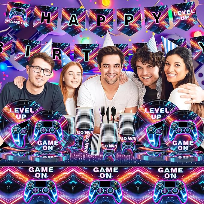 194 Pcs Video Game Party Supplies Serve 24, Includes Game On Neon Themed Tableware, Plates, Napkins, Banner & Tablecloth, Ideal for Gamer Birthday Party Decoration