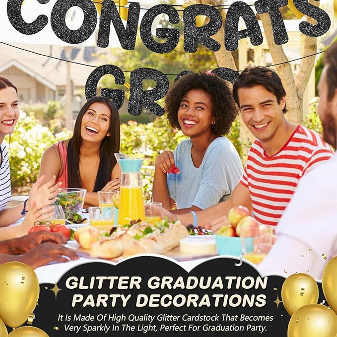 Fulmoon Pre Strung Congrats Grad Banner Glitter Congratulations Banner College Graduation Sign Class of 2026 Grad Party Decorations for High School University Graduation Party Favor(Black)