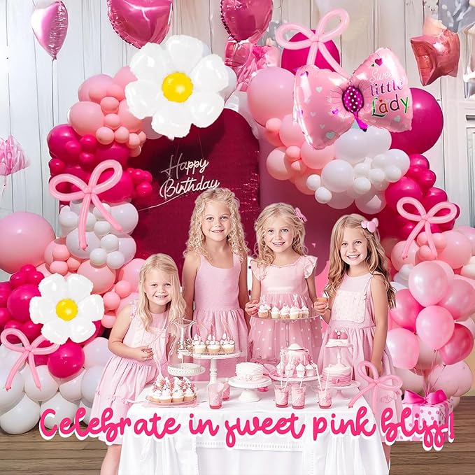 Hot Pink and White Daisy Bow Balloon140pcs with DIY Bow Daisy Balloons for Cute Cartoon Birthday Girl Bow theme Baby Shower Party Coquette birthday decorations