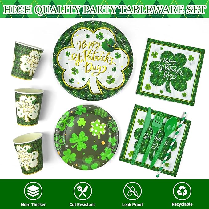 194 Pcs St Patricks Day Paper Plates & Napkins,Green Shamrock Paper Plates St Patricks Dinnerware Disposable Including Cup Straw Plastic Cutlery Banner Tablecloth for Saints Day Party Supplies