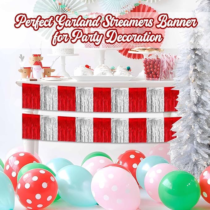 3 Pack 10 Feet Red and Silver Tinsel Foil Fringe Garland, Metallic Streamers Banner Wall Hanging Garland for Parade Floats, Graduation, Birthday, Baby Shower, Disco, Celebration Party Decoration