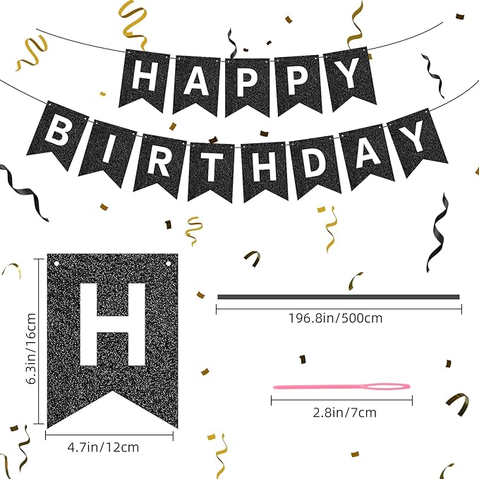 Hooqict Black Happy Birthday Banner Sign for Backdrop Black Birthday Decorations for Men Women Party Supplies Wall Door Banner Garland Bunting Flag
