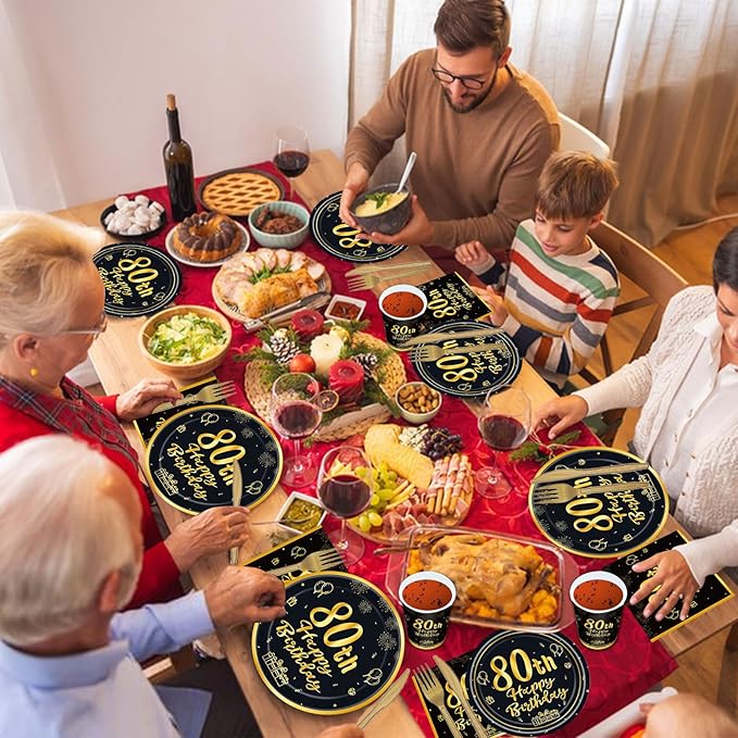144PCS 80th Birthday Plates and Napkins Birthday Party Supplies 80th Birthday Party Decorations for Men Women Disposable Party Tableware Including Paper Plates Napkins Cups Forks Serve 24