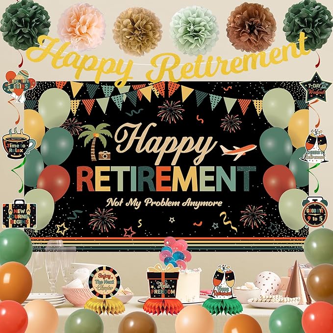 Vlipoeasn Retirement Decorations for Men Women, Colorful Vintage Retirement Party Set with Backdrop Banner Honeycomb Centerpieces Hanging Swirls, Office Retired Farewell Decor