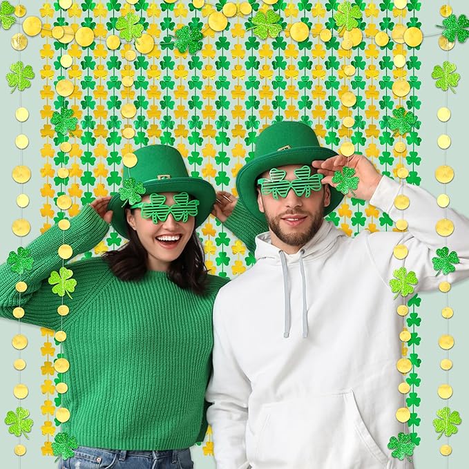 St Patricks Day Decorations Shamrock Foil Fringe Curtains Green Shamrock Garland Clover Tinsel Curtain Photo Booth Prop St Paddy's Day Garland Hanging Streamers Backdrop for Irish Party Decor