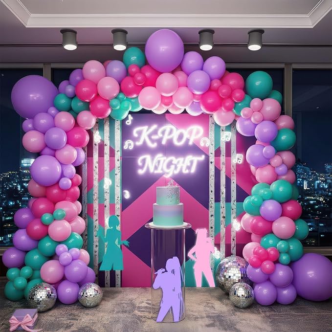 K-Pop Music themed Birthday Decorations with Hot Pink Teal Purple balloon arch & Artificial palm leaves for Girls Summer Tropical Hawaii music fans Prom Party Decorations