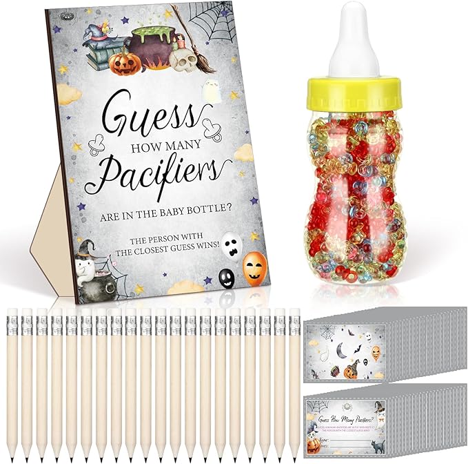 Syhood Halloween Boo Baby Shower Games Guess How Many Pacifiers Game Sign 50 Small Guessing Games 20 HB Pencils 750 ml Milk Bottle 400 Acrylic Pacifiers Decorations Guests Gender Reveal Party