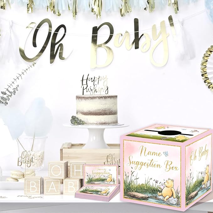 Winnie Baby Shower Decorations-The Pooh Baby Shower Games-Winnie Party Decorations-Baby Name Suggestion Cards with Box Name Suggestion Cards,Pink